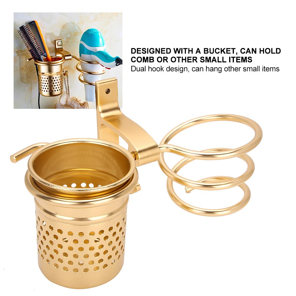 Hair Dryer Holder with Aluminum Storage Holder Wall Mount Hair Dryer Holder Wall Phone Holder with Fixing Screws for Hair Dryer, Hair Straightener(Gold)