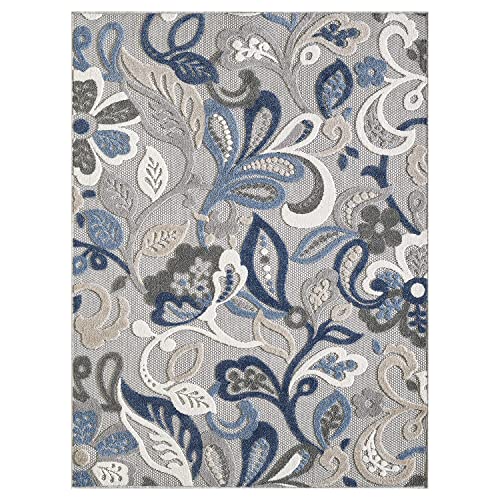 HomeRoots 2’ x 4’ Blue Gray Jacobean Floral Indoor Outdoor Area Rug