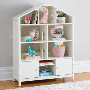 martha stewart kids jr. dollhouse bookcase - creamy white: wooden organizer shelves with two storage compartments for books, dolls, toys, and school supplies | children's bedroom furniture - ages 3-8