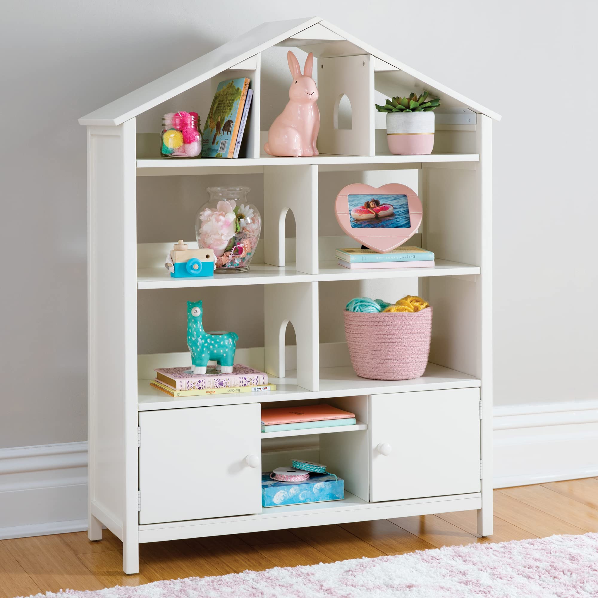 Martha Stewart Kids Jr. Dollhouse Bookcase - Creamy White: Wooden Organizer Shelves with Two Storage Compartments for Books, Dolls, Toys, and School Supplies | Children's Bedroom Furniture - Ages 3-8