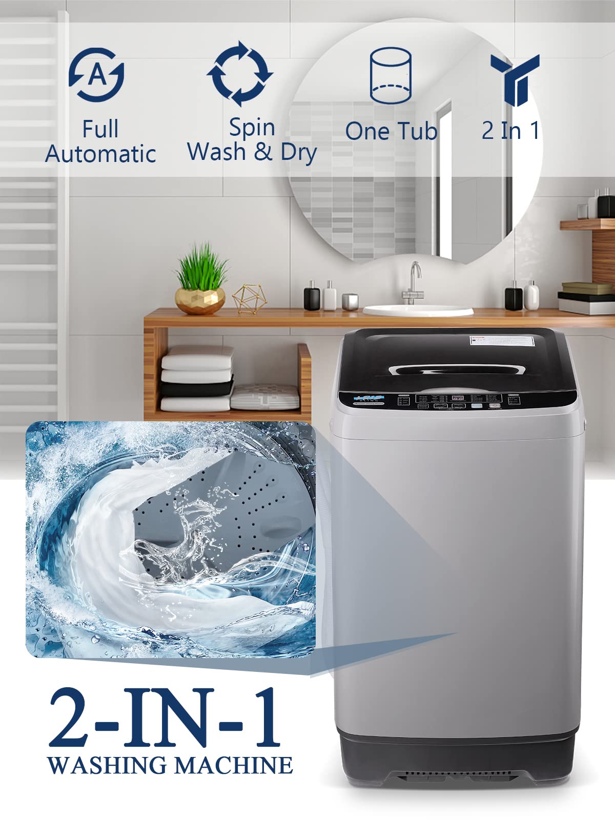 KRIB BLING Full Automatic Washing Machine with LED Display, 17.7 lbs Portable Washer Drain Pump, 10 Programs & 8 Water Levels Selections, Ideal for RV, Camping, Apartment, Dorm, Dark Grey