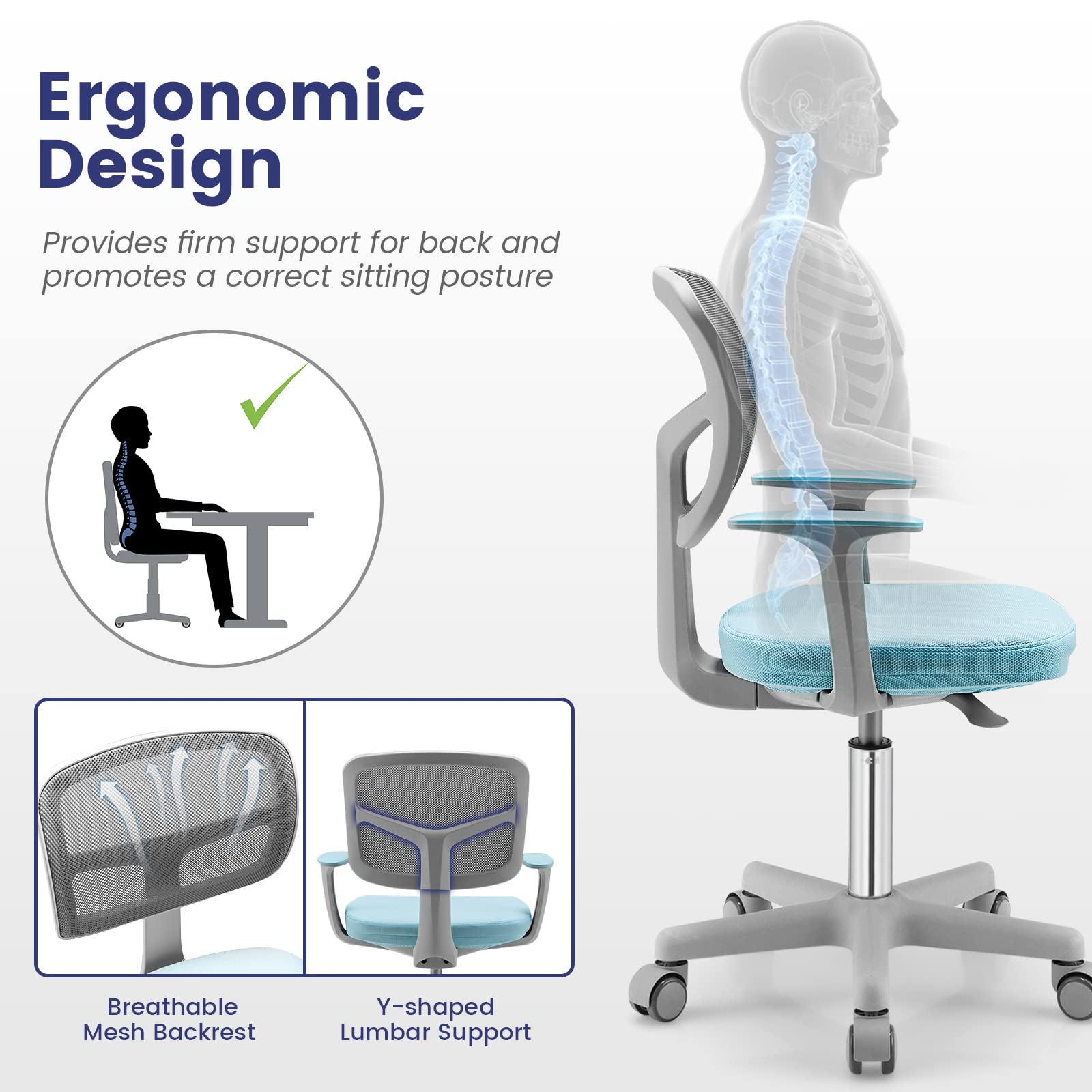 Giantex Kids Desk Chair, Height Adjustable Children Swivel Computer Chair with Y-Shaped Lumbar Support & Universal Casters, Mesh Kids Task Chair for Study, Boys Girls Aged 4-13, Blue