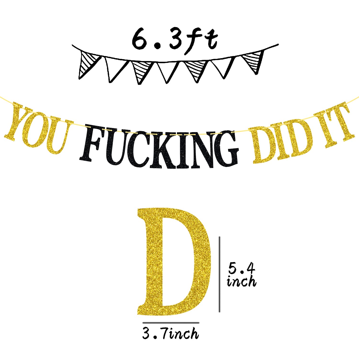 You Fucking Did It Banner, We are Proud of You, High School Grad/University Grad Graduation Party Decorations Supplies, Black & Gold Glitter