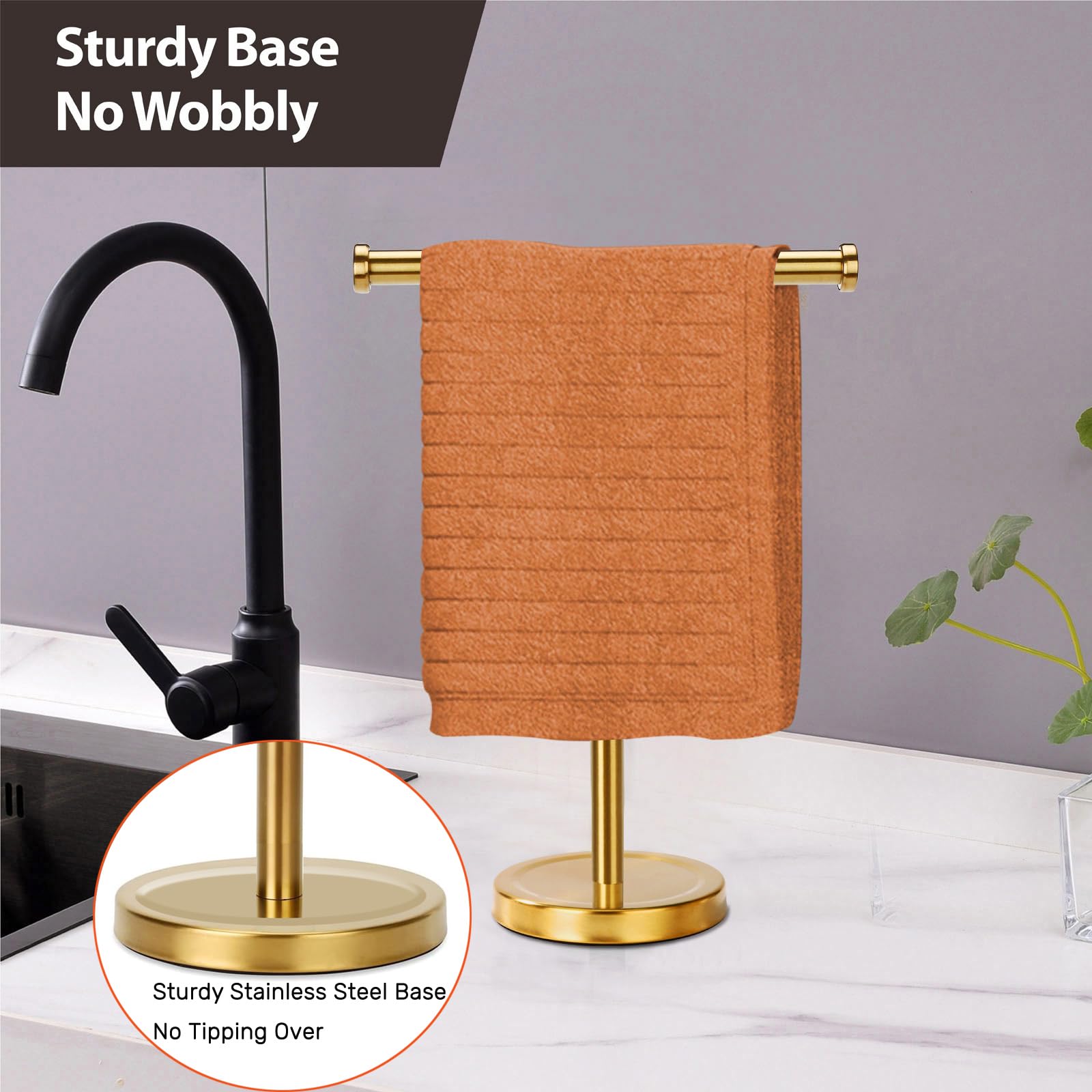 Hand Towel Holder Stand with Heavy Base, Hand Towel Rack for Bathroom (Stainless Steel, Gold Brushed)