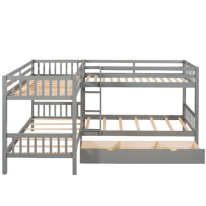 MERITLINE Quad Bunk Beds with Storage,4 Twin Bunk Bed for Kids, Solid Wood L Shaped Bunk Bed 4 Bed Bunk Beds for Kids,Teens, Adults,Grey