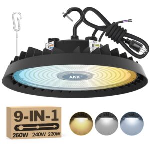 akk 260w led high bay light 240w 220w tunable, 3 color switchable 39000lm ufo led high bay light (eqv. 1200w mh/hps), 1-10v dimmable high bay led shop lights, us plug 5' cable, ac100-277v, etl listed