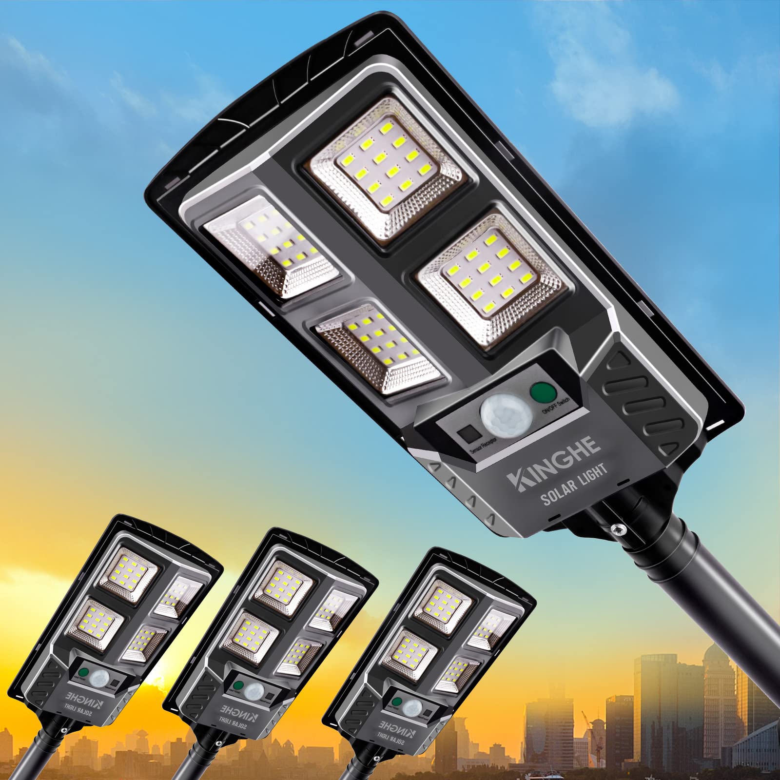 KingHe Solar Street Lights Outdoor: Dusk to Dawn Solar Parking Lot Lights with 3 Modes Motion Sensor Remote Control, Security Waterproof Commercial Solar Lights for Outside, Yard, Garage, Driveway