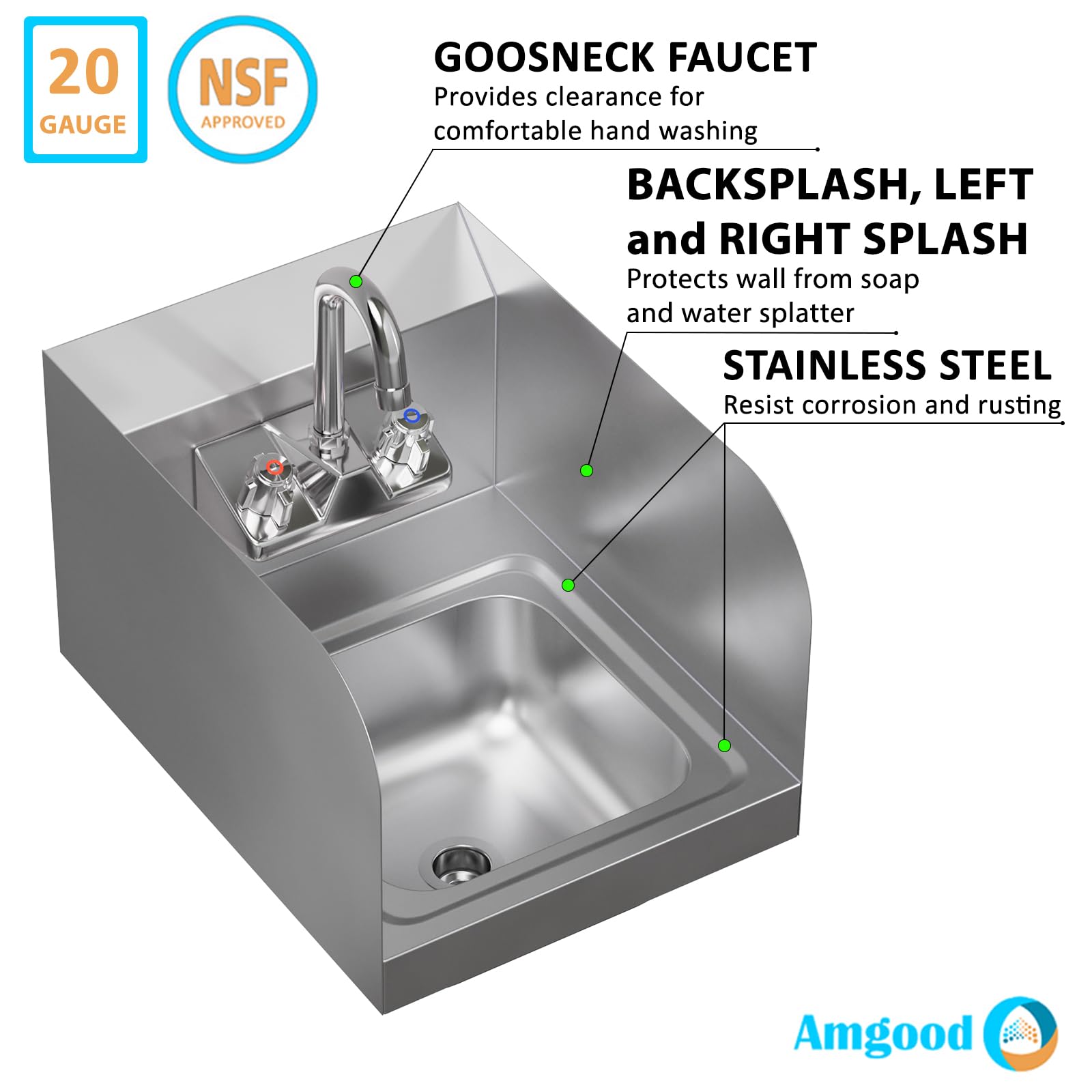 AmGood Stainless Steel Wall Mount Hand Sink with Faucet and Sidesplash 12" x 16" | NSF Commercial Hand Washing Basin For Restaurant, Kitchen and Home | Bowl Size: 9" x 9"