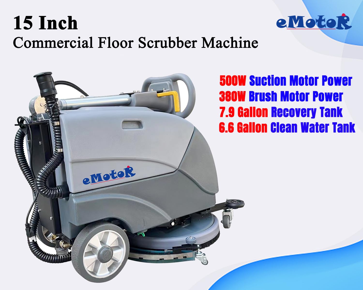 Emotor 15'' Foldable Walk Behind Hand Push Floor Scrubber Machine for Industrial Commercial Use, Upgrade Automatic Water Flow, Machine Size 32"X18"X25"(Gray)