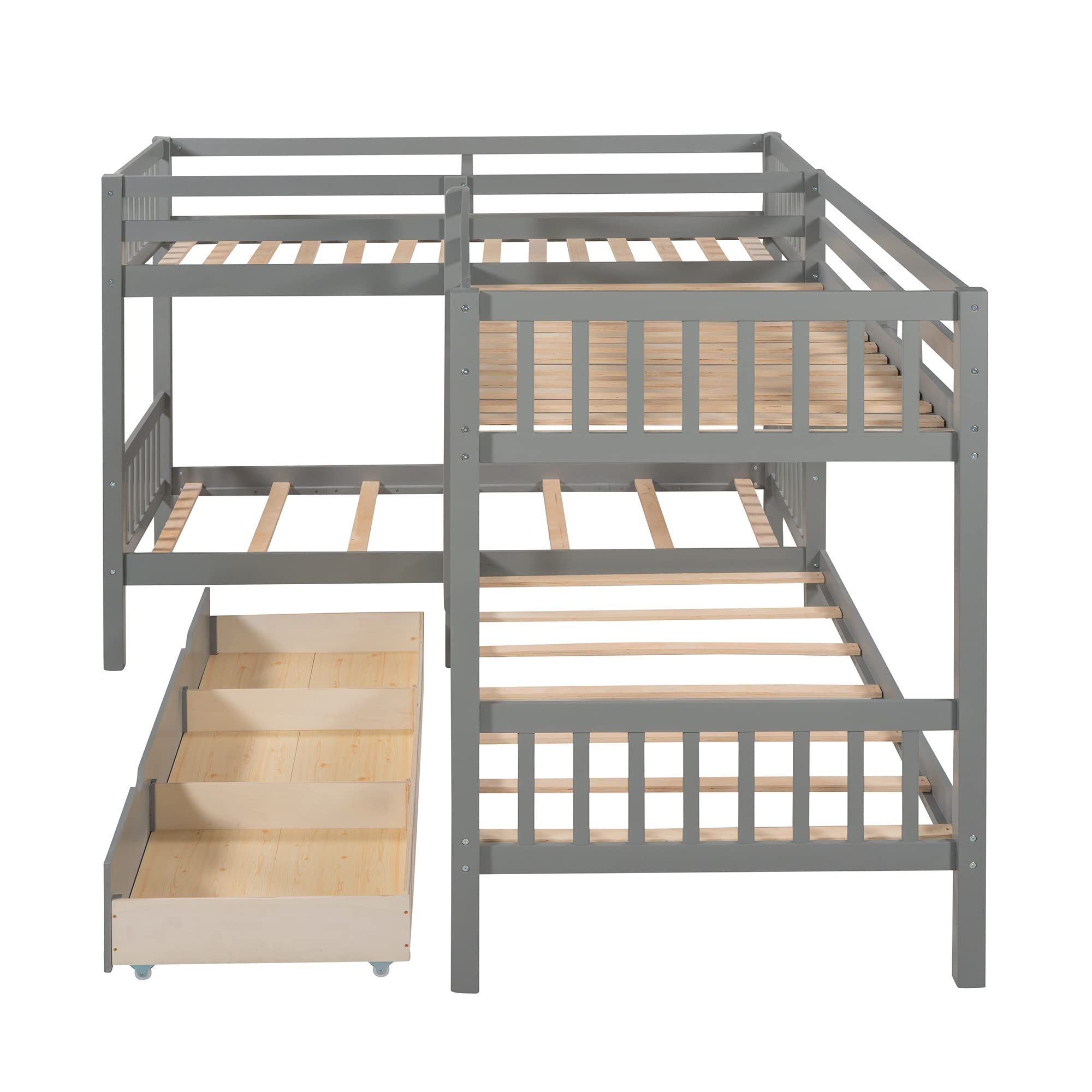 MERITLINE Quad Bunk Beds with Storage,4 Twin Bunk Bed for Kids, Solid Wood L Shaped Bunk Bed 4 Bed Bunk Beds for Kids,Teens, Adults,Grey