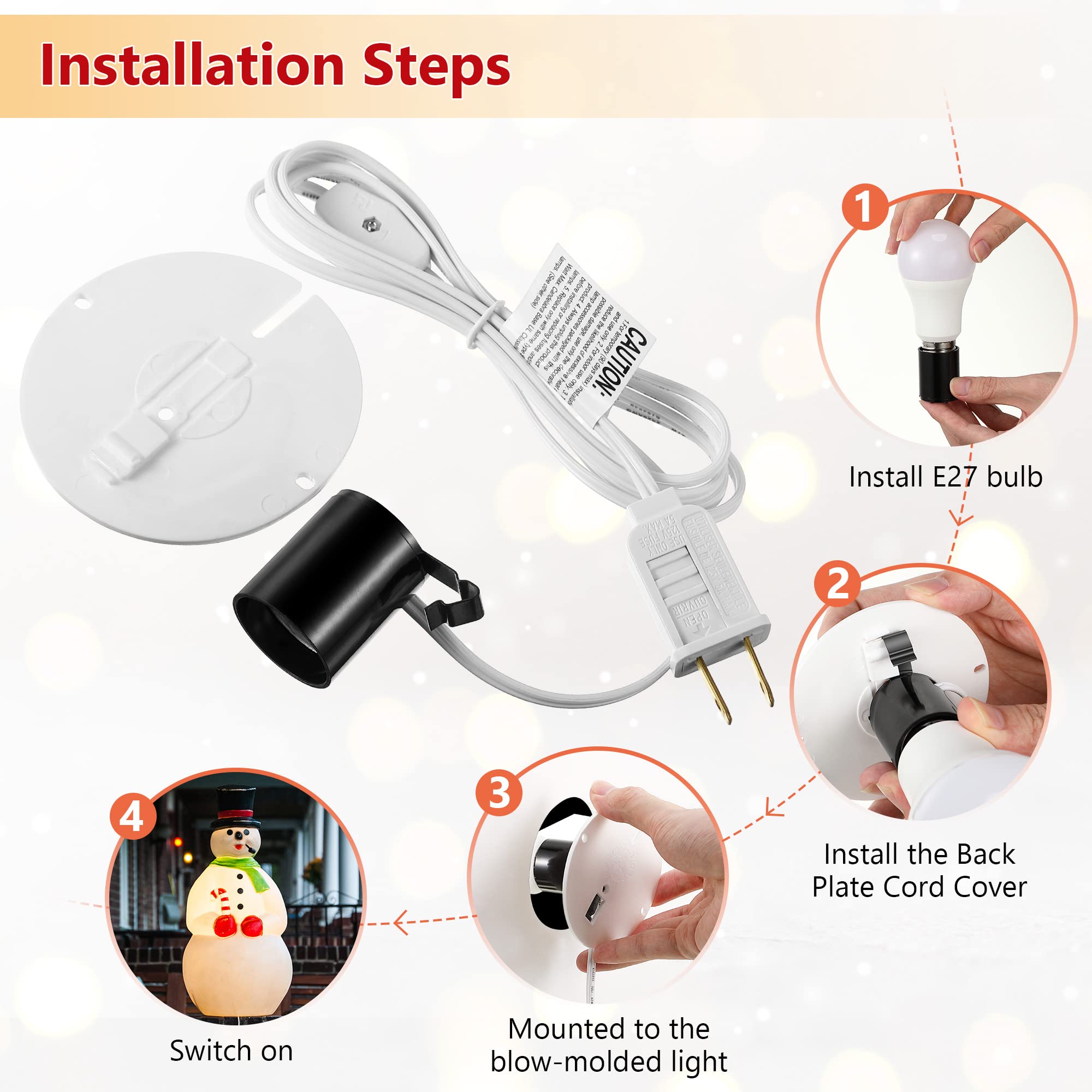 Meonum 2 Set Blow Mold Light Kit Replacement, E27 E26 Single Light Cord Kit with Switch Fuse Plug, for Indoor Outdoor Halloween Christmas Village House Craft Decorations and Salt Lamp