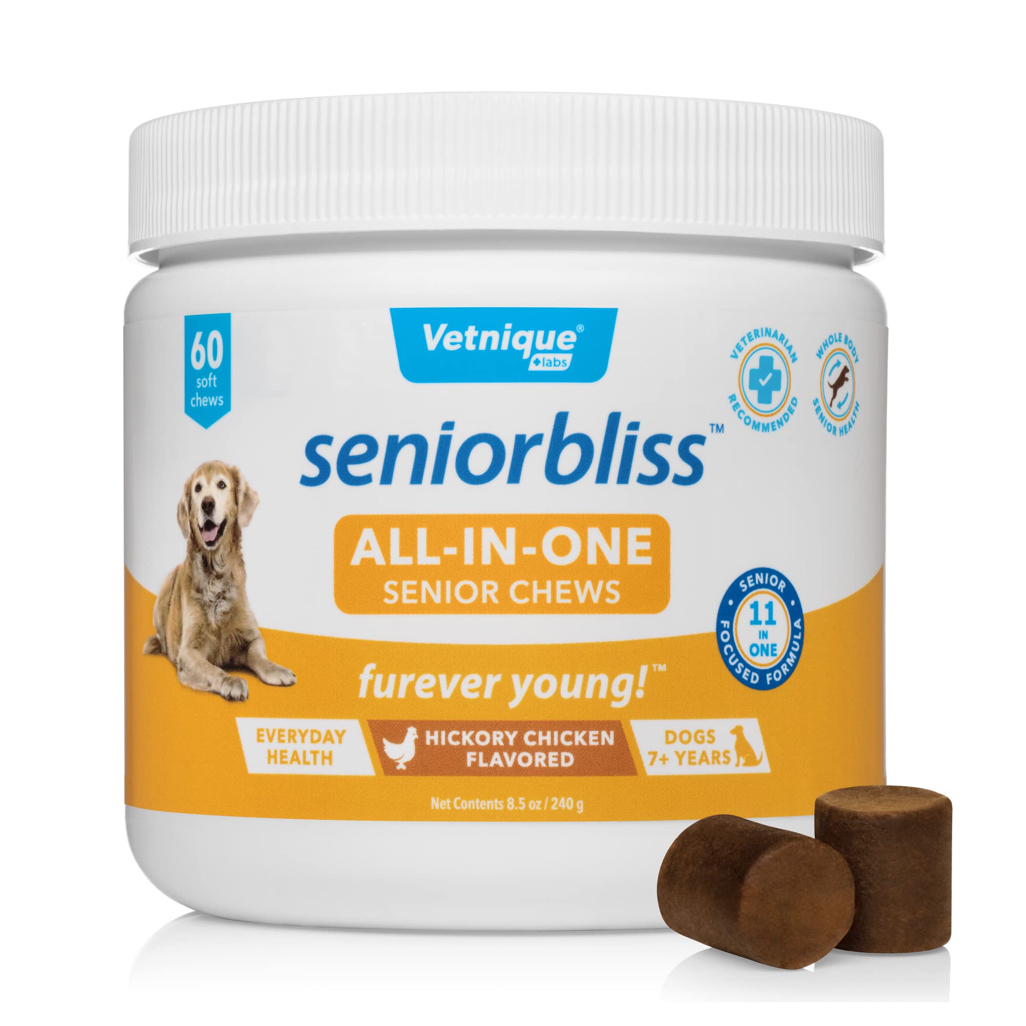 Vetnique Labs Seniorbliss All-in-One Multivitamin Chews for Senior Dogs (60ct) & Glandex Anal Gland Support Soft Chew Treats with Pumpkin for Dogs (60ct Pork) Bundle