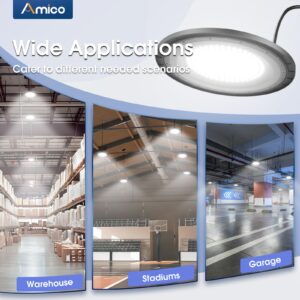 Amico 4 Pack UFO LED High Bay Light 150W 21,000lm 5000K with UL Listed US Hook 5' Cable Alternative to 650W MH/HPS for Gym Factory Barn Warehouse Lighting Fixture