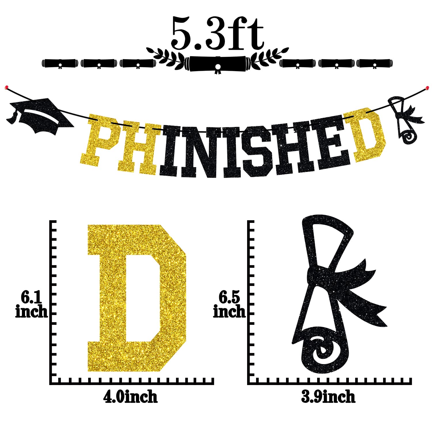 Phinished Banner, Class of 2025 Master Doctor Degree, Congrats Phd College Graduation Party Decoration Supplies, Gold and Black Glitter