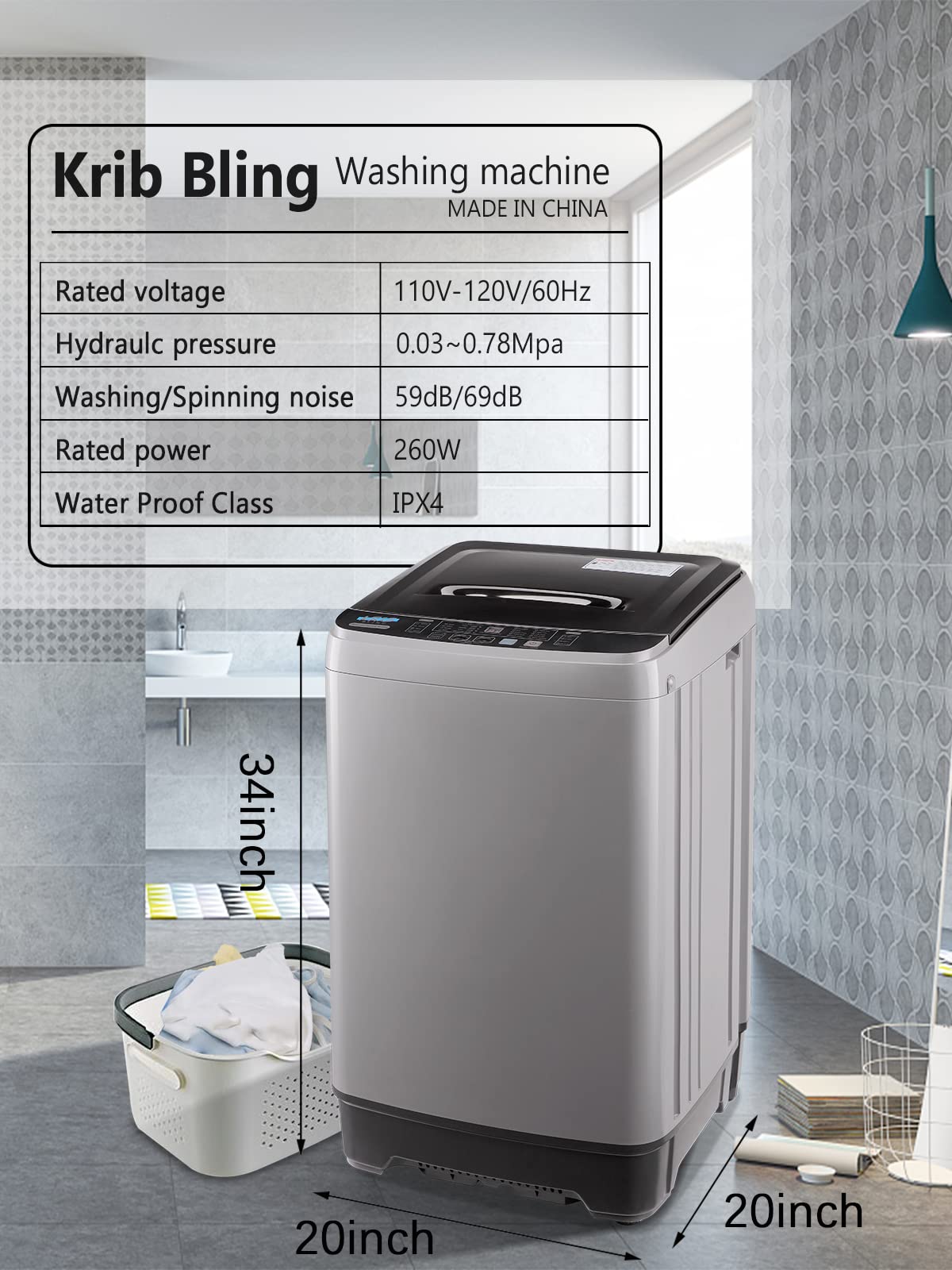 KRIB BLING Full Automatic Washing Machine with LED Display, 17.7 lbs Portable Washer Drain Pump, 10 Programs & 8 Water Levels Selections, Ideal for RV, Camping, Apartment, Dorm, Dark Grey