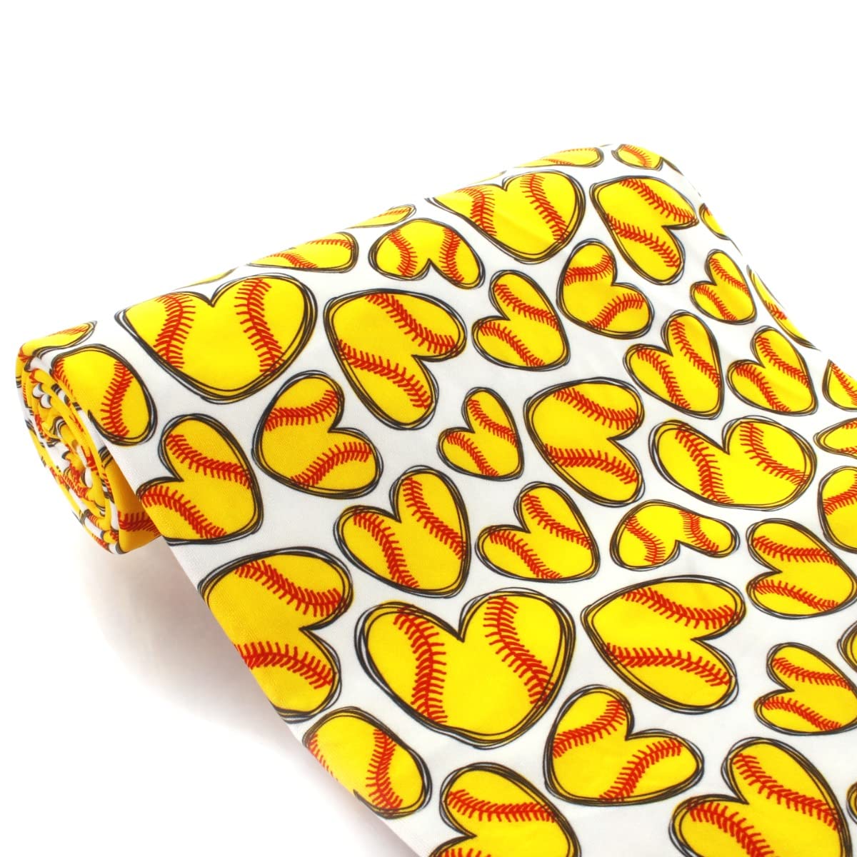 Yellow Softball Hearts DBP Fabric - Double Brushed Polyester 4 Way Stretch - 6" Strip