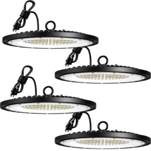 amico 4 pack ufo led high bay light 150w 21,000lm 5000k with ul listed us hook 5' cable alternative to 650w mh/hps for gym factory barn warehouse lighting fixture