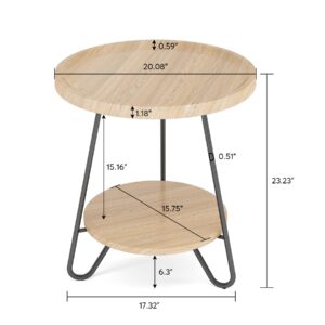 Tribesigns Round Side Table, 2-Tier End Table with Metal Legs, Modern Industrial Beside Table, Small Accent Table Snack Table for Living Room, Bedroom, Small Space, Easy Assembly, Brown