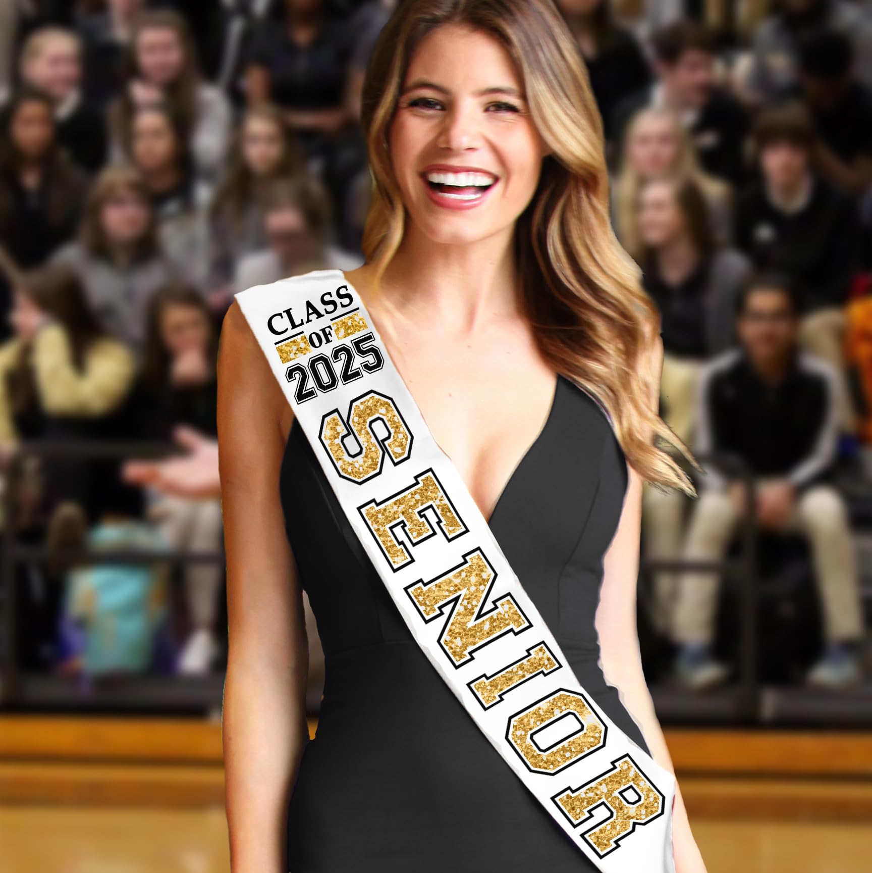 Senior Sash 2025 - Gold Sparkle with Black Outline Class of 2025 Senior White PREMIUM GRADE SATIN Sash - Senior Night Supplies & Gifts - White Sash (ClsOf25 GLD w/BLK) WHT