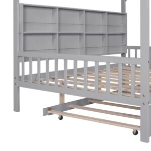 Merax Wood Full Multifunctional Montessori Daybed with Trundle/Storge Shelf Low Day Bed for Kids Boys Girls No Box Spring Needed Gray