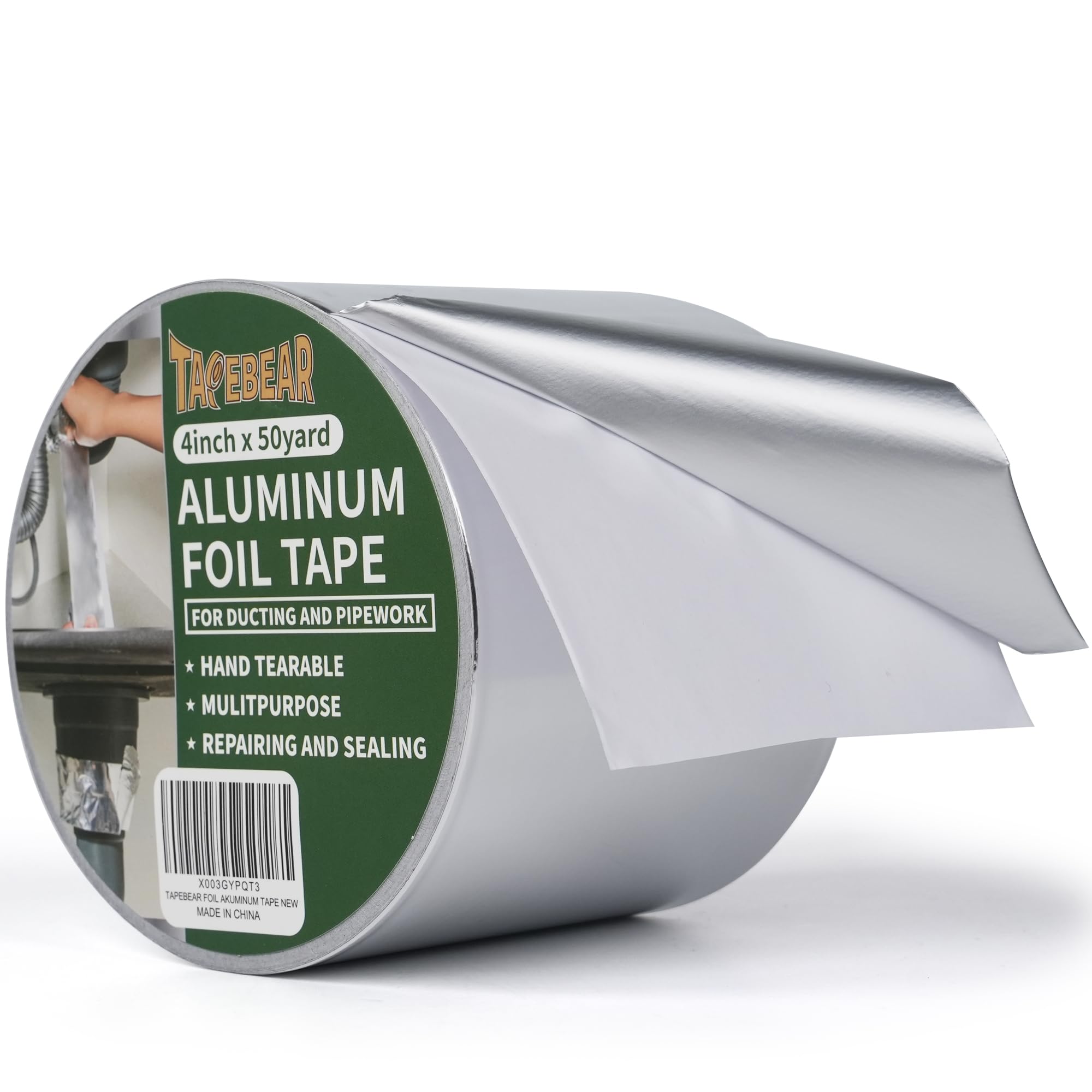 TAPEBEAR Aluminum Foil Tape, Aluminum Air Duct Tape, Withstand 80°C to 100°C, Heat Resistant Tape Insulation Tape for HVAC, Sealing & Patching, Metal Repair, 4inch x 50yard