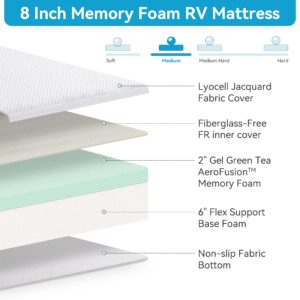 Opoiar 8 Inch Short Queen RV Mattress,Gel Green Tea Memory Foam Mattress for RVs,Campers & Trailers,Bed in a Box,Pressure Relief,Medium Firm,Back Supportive,Made in USA