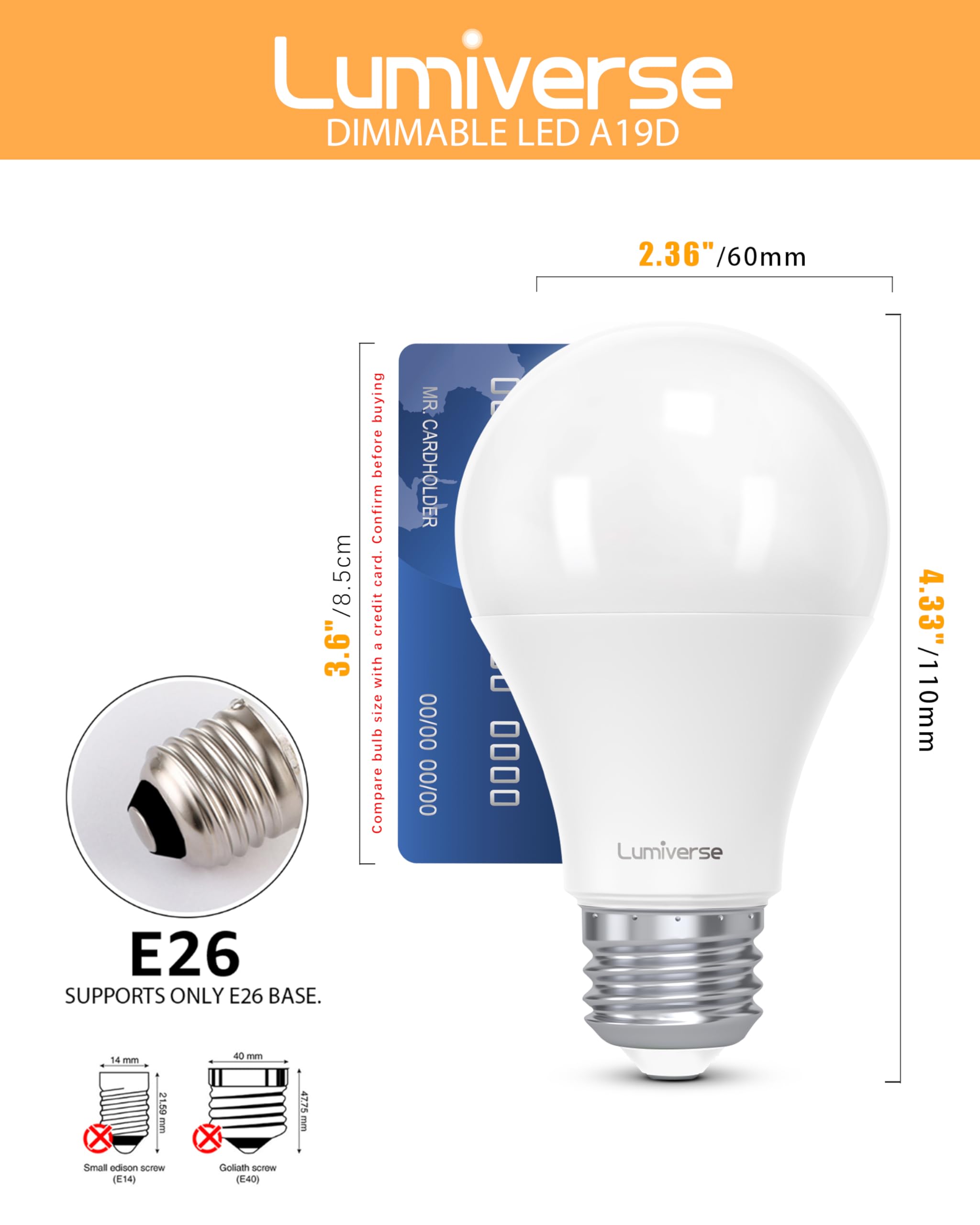 Lumiverse A19 Led Light Bulb, 9 Watt [60W Equivalent], 2700K Soft White, E26 Base Bulb, Non-dimmable, 800lm Light Bulbs, UL Listed, 24 Pack