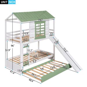 MERITLINE House Bunk Beds with Slide for Kids, Wood Twin Over Twin Bunk Beds with Trundle and Convertible Slide,Slide Playhouse Bed for Girls Boys, White+Green