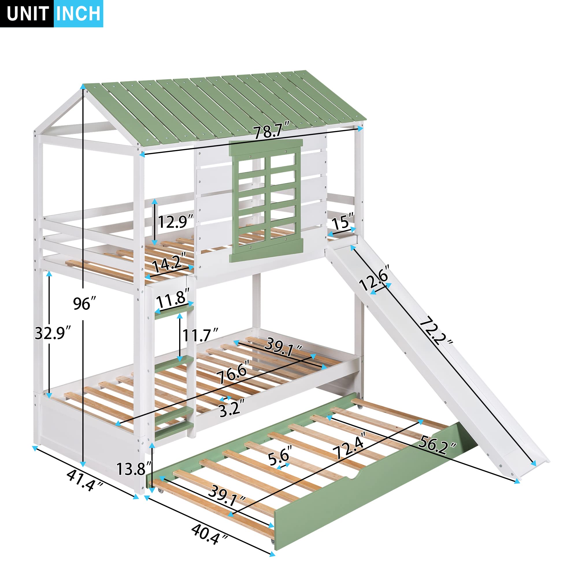 MERITLINE House Bunk Beds with Slide for Kids, Wood Twin Over Twin Bunk Beds with Trundle and Convertible Slide,Slide Playhouse Bed for Girls Boys, White+Green