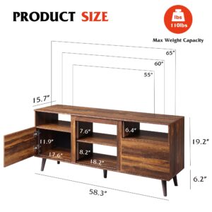 WLIVE TV Stand for 65 Inch TV, 58 inch Entertainment Center with 2 Storage Cabinets, Media Console for Living Room, Bedroom and Office, Retro Brown