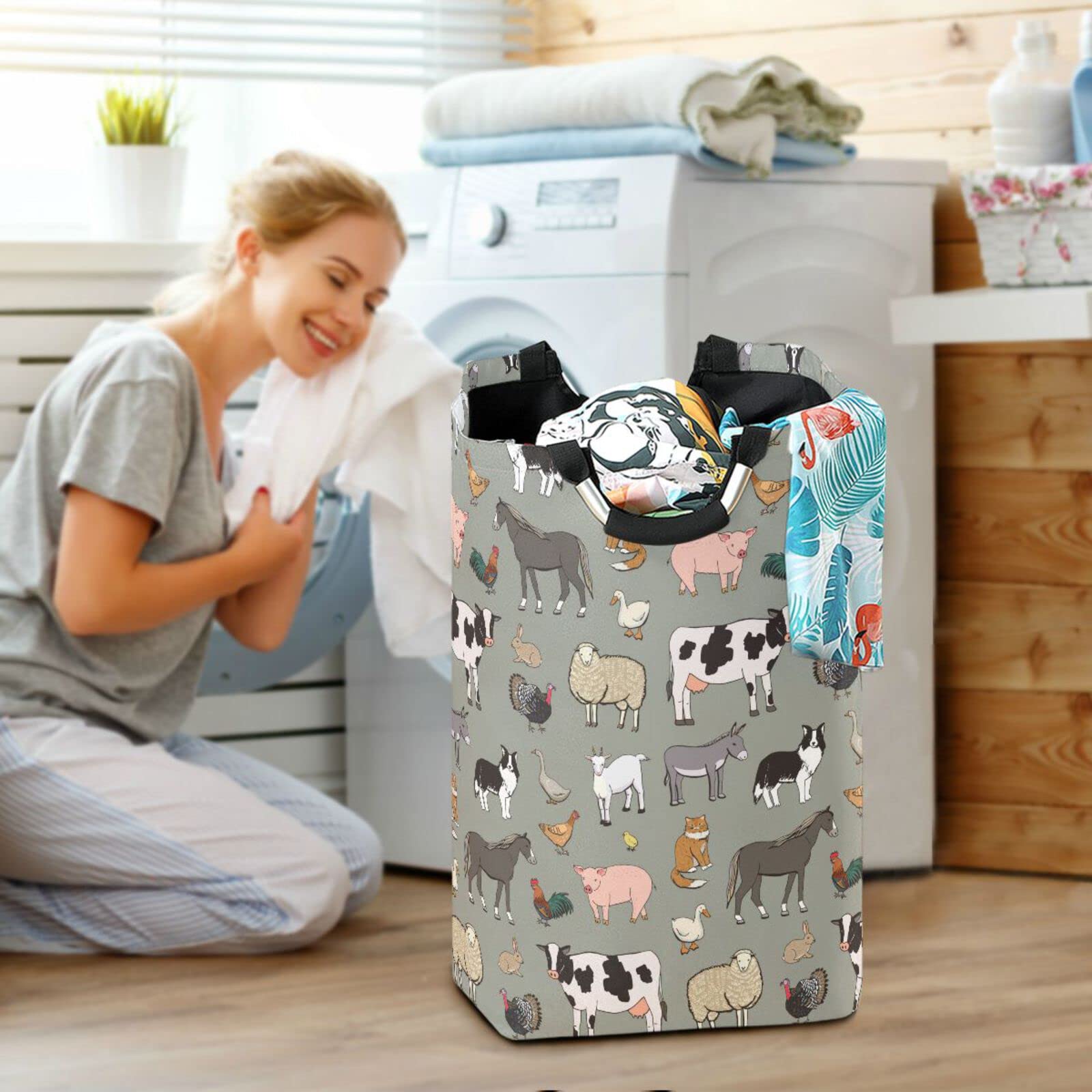 Kigai Farm Animal Laundry Basket Collapsible Large Clothes Hamper Nursery Storage Bin with Handle for Bedroom, Bathroom, Dorm, Kids Room