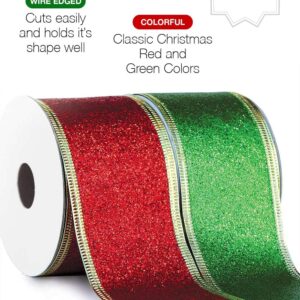 Christmas Ribbon Glitter Wired Christmas Ribbons Red Green Wire Edged 2 inch Wide x 6 Yds for Gift Wrapping Bows Christmas Tree Ribbon Garland Wrap Around Ribbon for Xmas Trees Gifts Crafts Presents