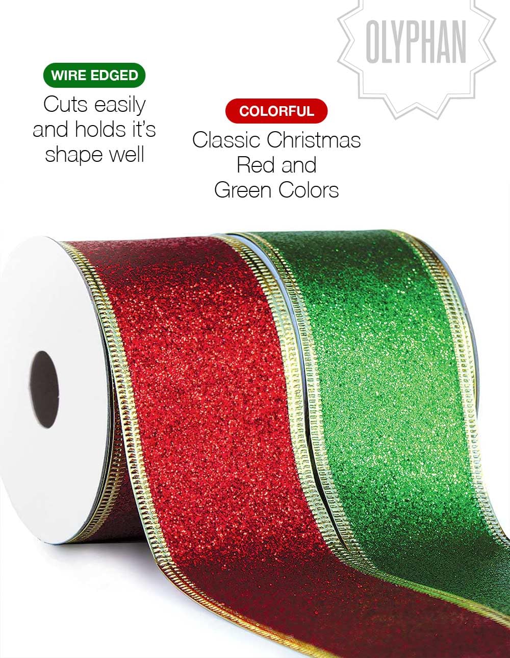 Christmas Ribbon Glitter Wired Christmas Ribbons Red Green Wire Edged 2 inch Wide x 6 Yds for Gift Wrapping Bows Christmas Tree Ribbon Garland Wrap Around Ribbon for Xmas Trees Gifts Crafts Presents