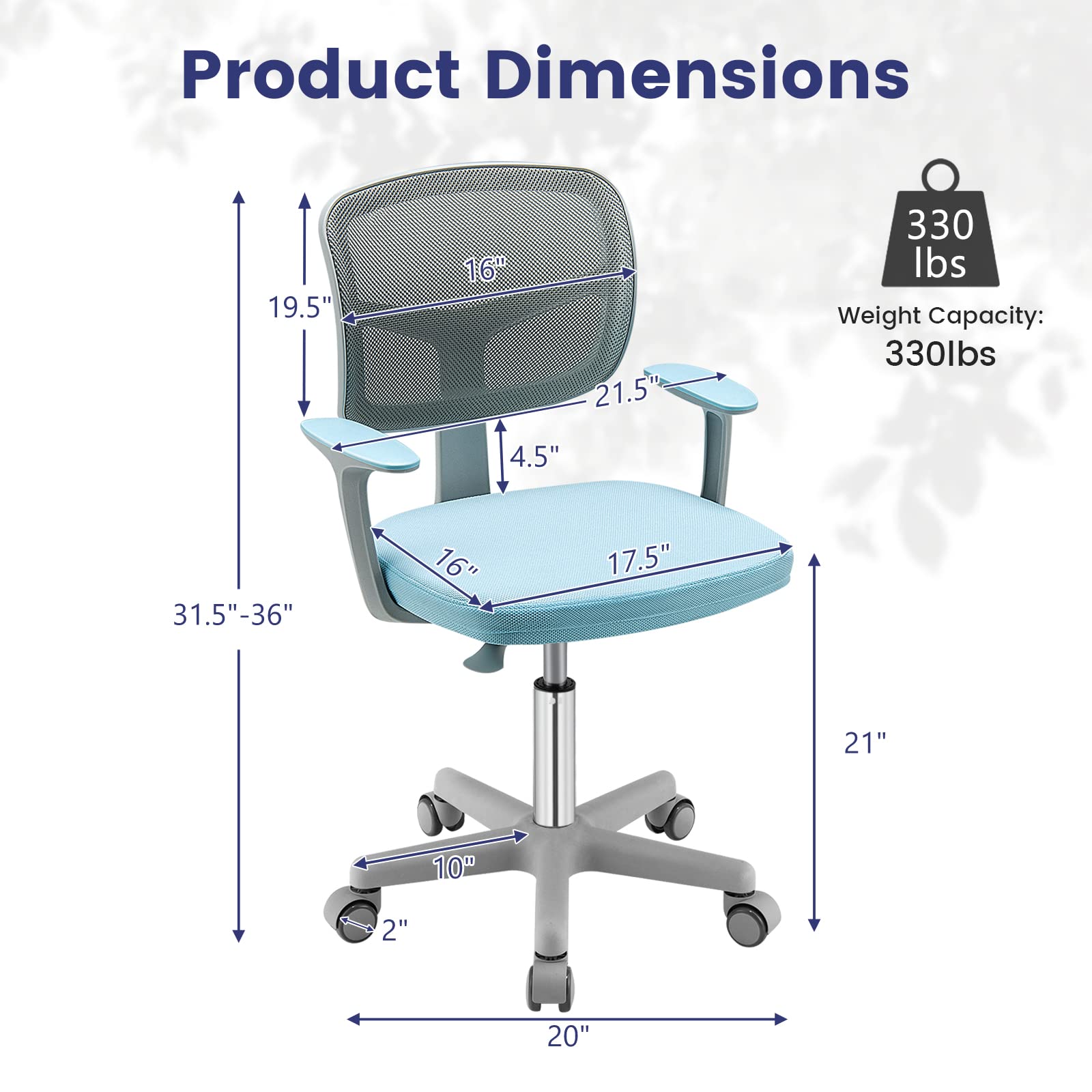 Giantex Kids Desk Chair, Height Adjustable Children Swivel Computer Chair with Y-Shaped Lumbar Support & Universal Casters, Mesh Kids Task Chair for Study, Boys Girls Aged 4-13, Blue