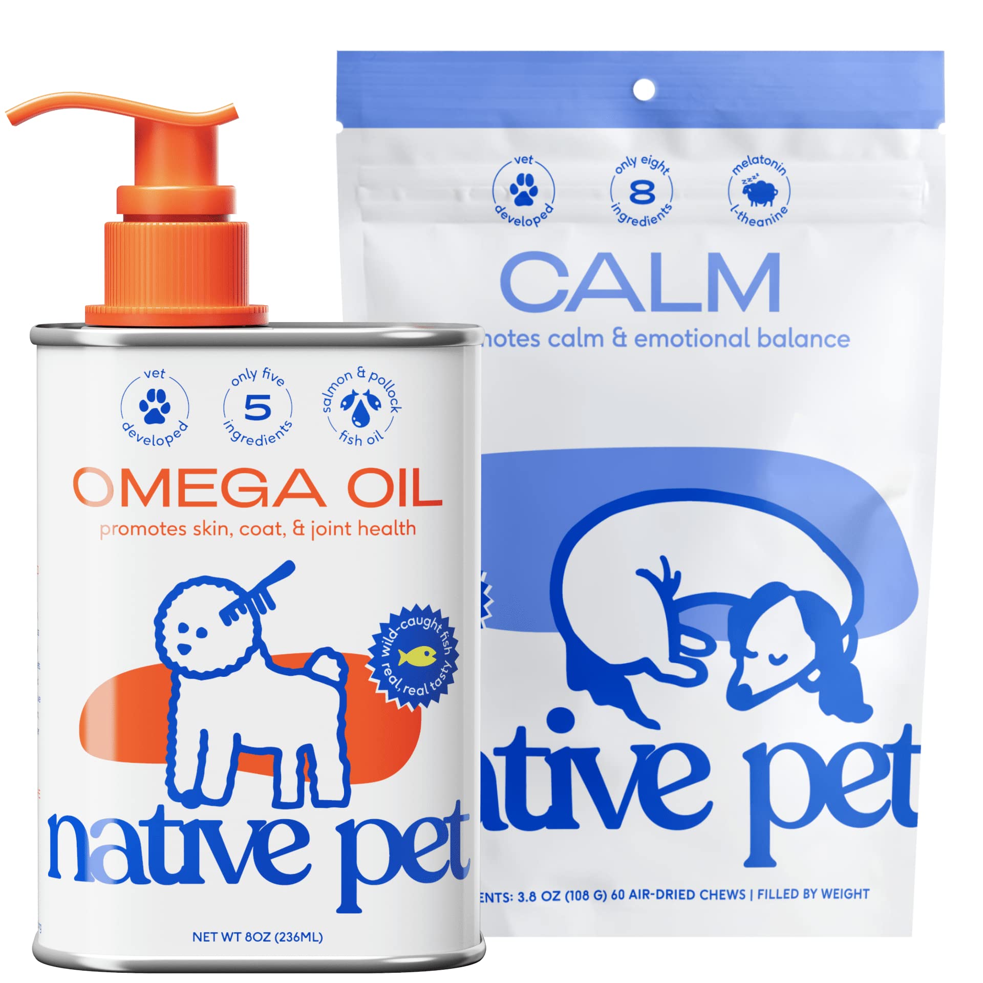 Native Pet Omega Oil for Dogs - Dog Fish Oil Supplements & Calming Chews | Dogs Anxiety Relief Treats & Dog Relaxants | 8 Oz. & 60 Chews