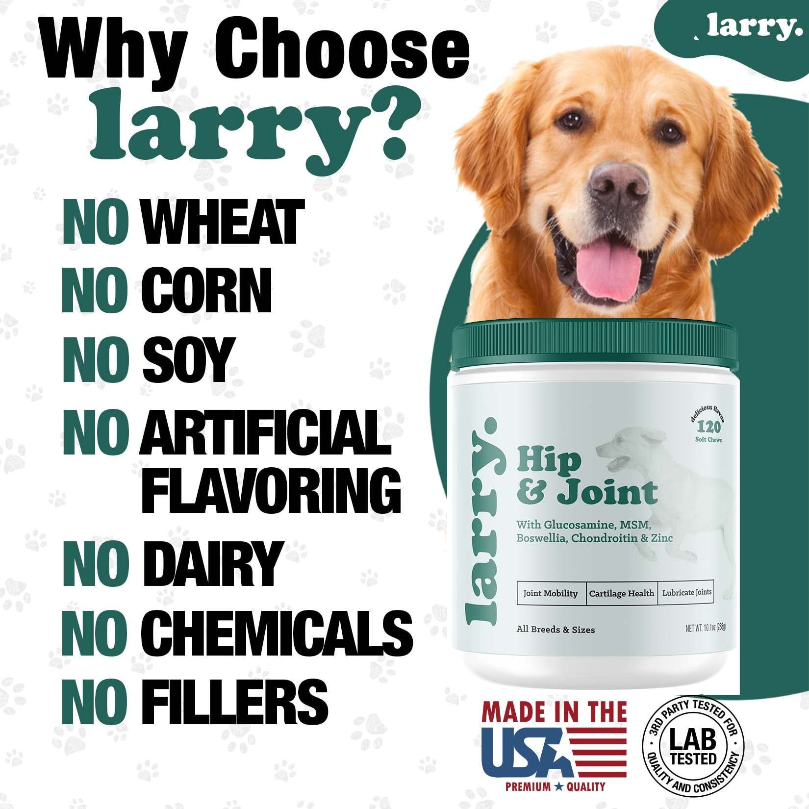 Dog Hip and Joint Supplement by Larry | Chondroitin, MSM, Hyaluronic Acid, & Glucosamine for Dogs | Dog Hip & Joint Care for All Breeds & Sizes | Dog Treats for Hip and Joint Health, (120 Soft Chews)