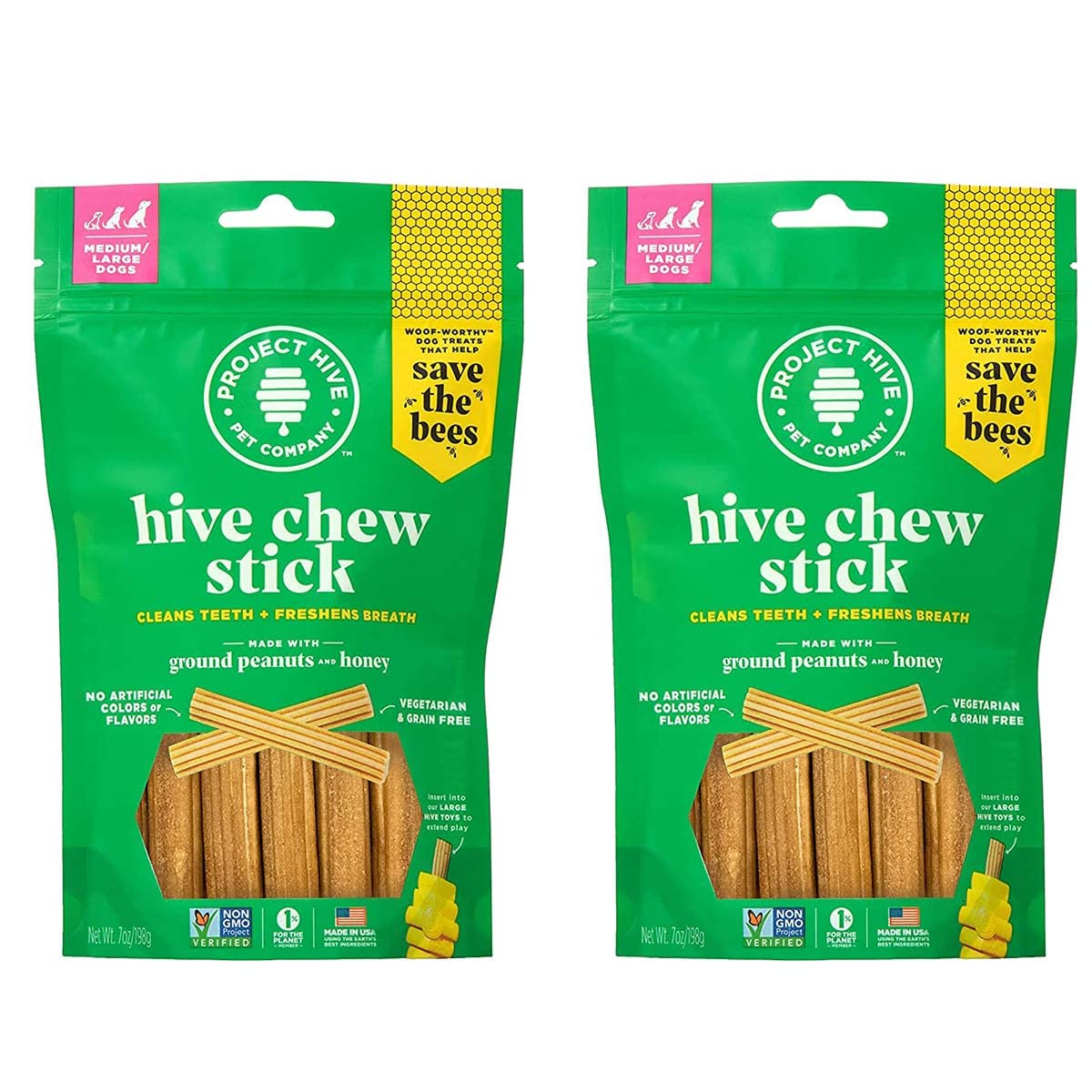 Hive Treats for Dogs 2 Pack — Healthy, Non-GMO Project Verified, Natural Peanut Butter Flavored, Natural, Vegetarian Chews, Made in The USA (Chew Sticks, Large Breeds)