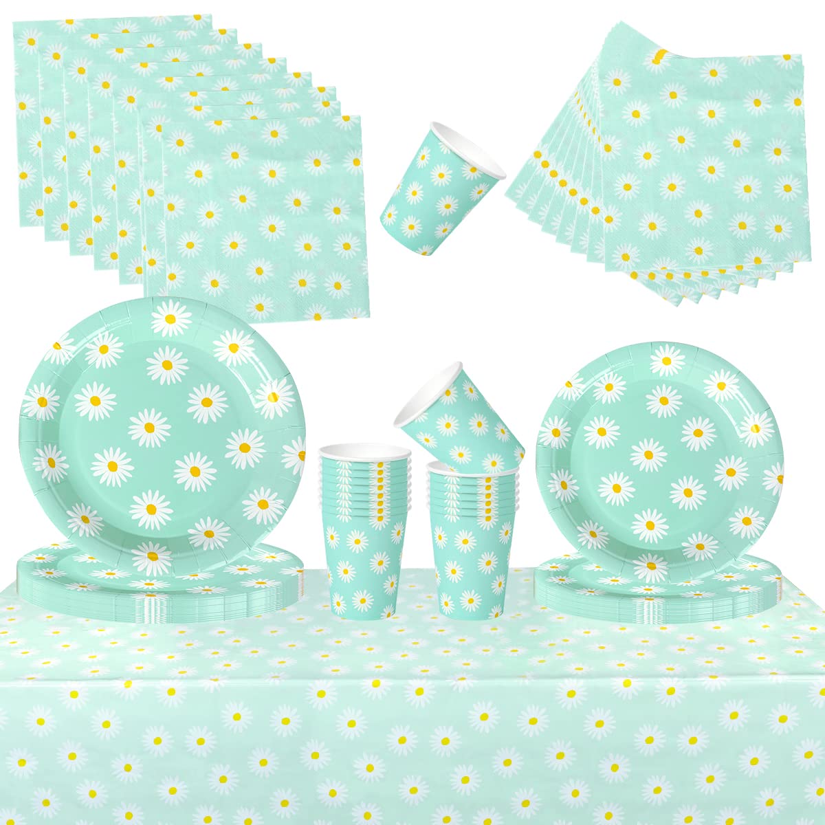 Daisy Birthday Party Decorations Tableware White Daisies Flowers Supplies Set of 16 Disposable Paper Plates Cups Napkins and a Tablecloth for Spring and Summer Theme Parties Baby & Bridal Shower