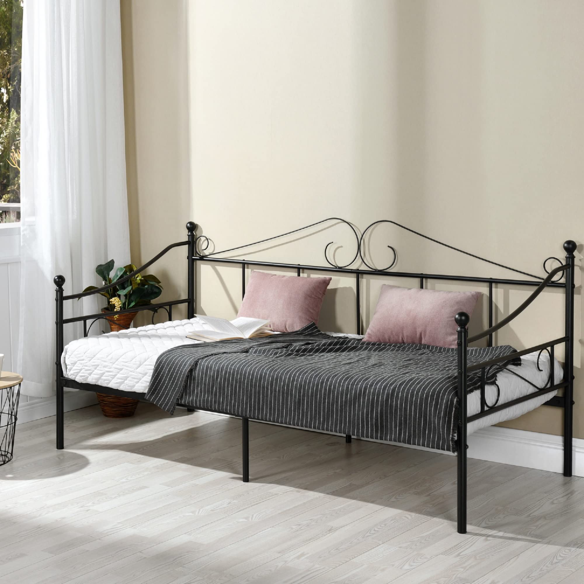 Liink1Ga Twin Size Daybed Frame, Black Metal Daybed Frame with Headboard, Mattress Platform Base Box Spring Replacement Sofa Bed for Living Room Guest Room, Simplified