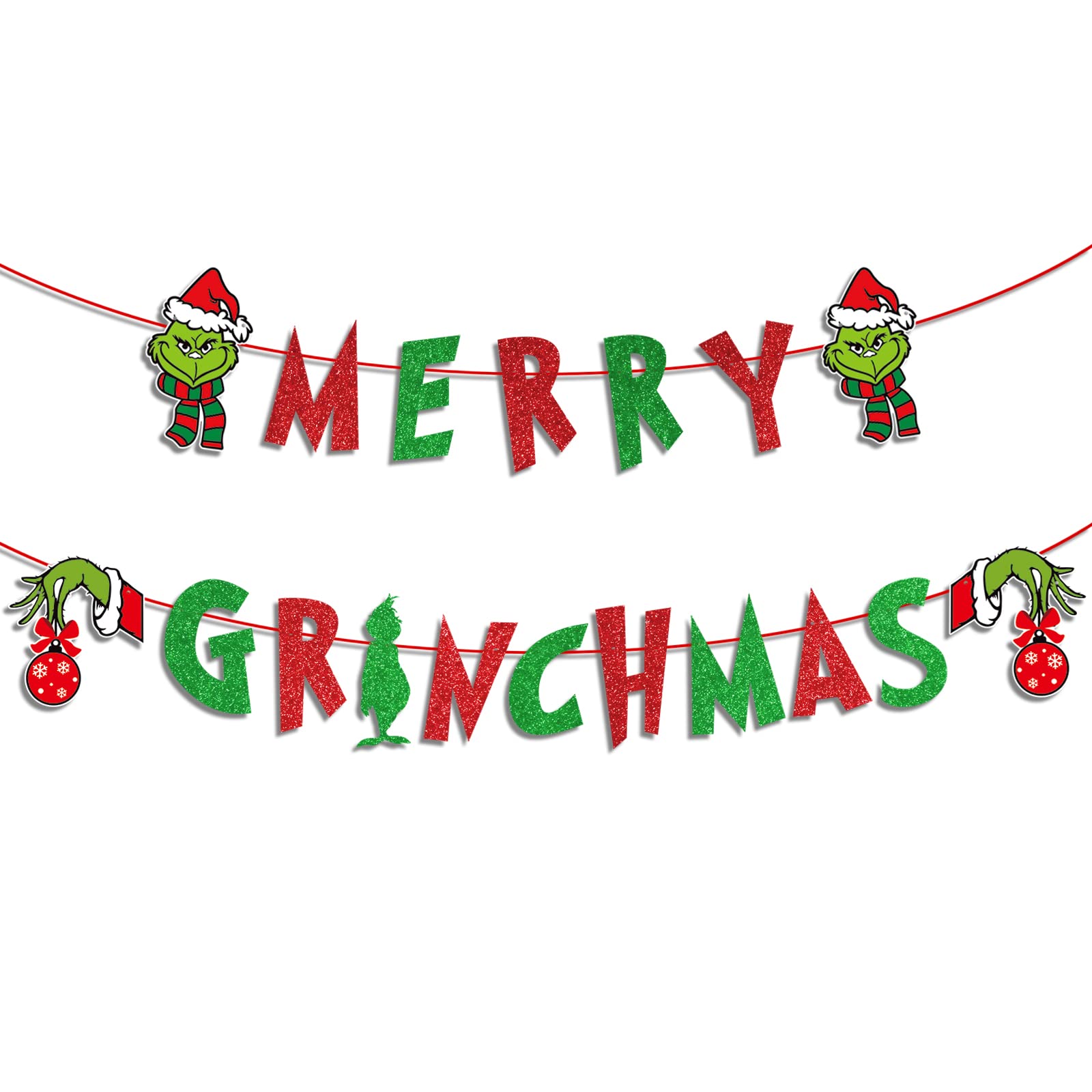 Glitter Merry Christmas Banner Red Green Glittery Christmas Banner Xmas Garland Banner Christmas Party Decorations for Home Wall Mantle Fireplace Party Supplies