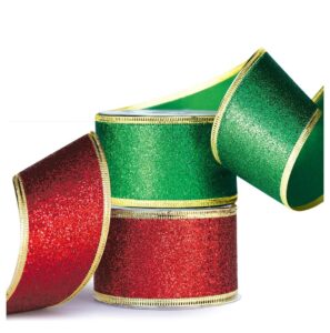 christmas ribbon glitter wired christmas ribbons red green wire edged 2 inch wide x 6 yds for gift wrapping bows christmas tree ribbon garland wrap around ribbon for xmas trees gifts crafts presents