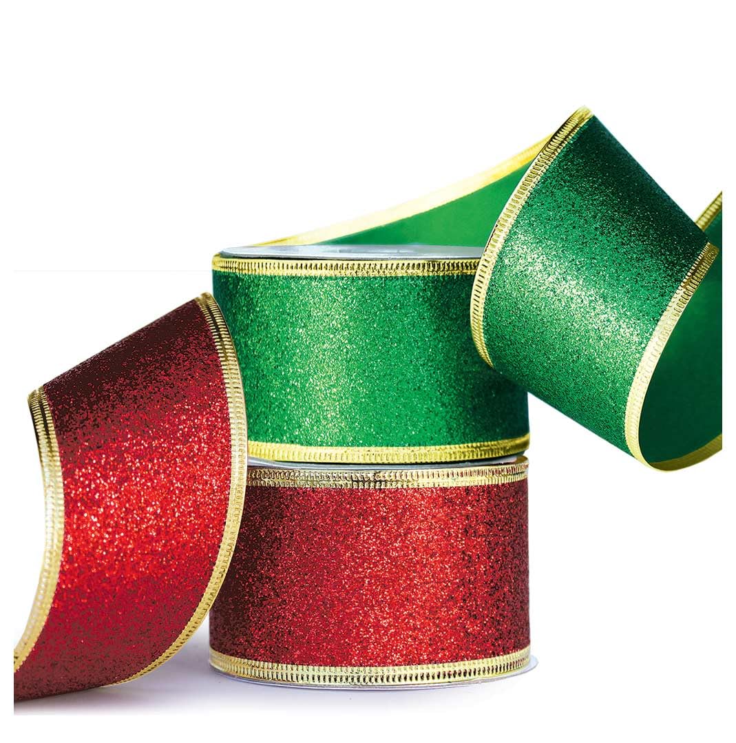 Christmas Ribbon Glitter Wired Christmas Ribbons Red Green Wire Edged 2 inch Wide x 6 Yds for Gift Wrapping Bows Christmas Tree Ribbon Garland Wrap Around Ribbon for Xmas Trees Gifts Crafts Presents