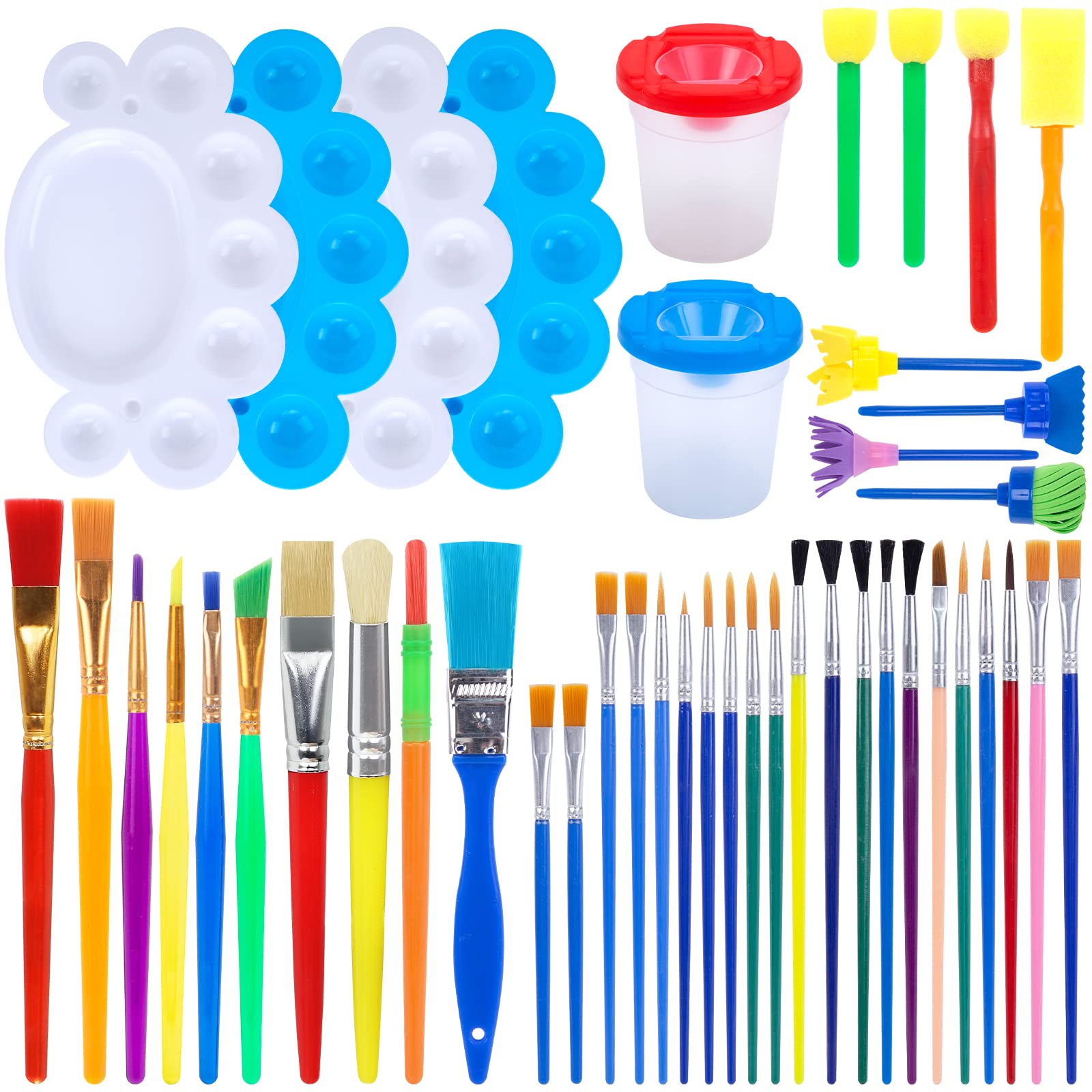 BigOtters Painting Brushes, 45PCS Kids All Purpose Paint Supplies Include Paint Cups with Lids Palette Tray Multi Sizes Paint Brush Set for Kids Gifts School Prizes Art Party