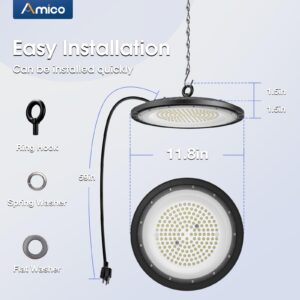 Amico 4 Pack UFO LED High Bay Light 150W 21,000lm 5000K with UL Listed US Hook 5' Cable Alternative to 650W MH/HPS for Gym Factory Barn Warehouse Lighting Fixture