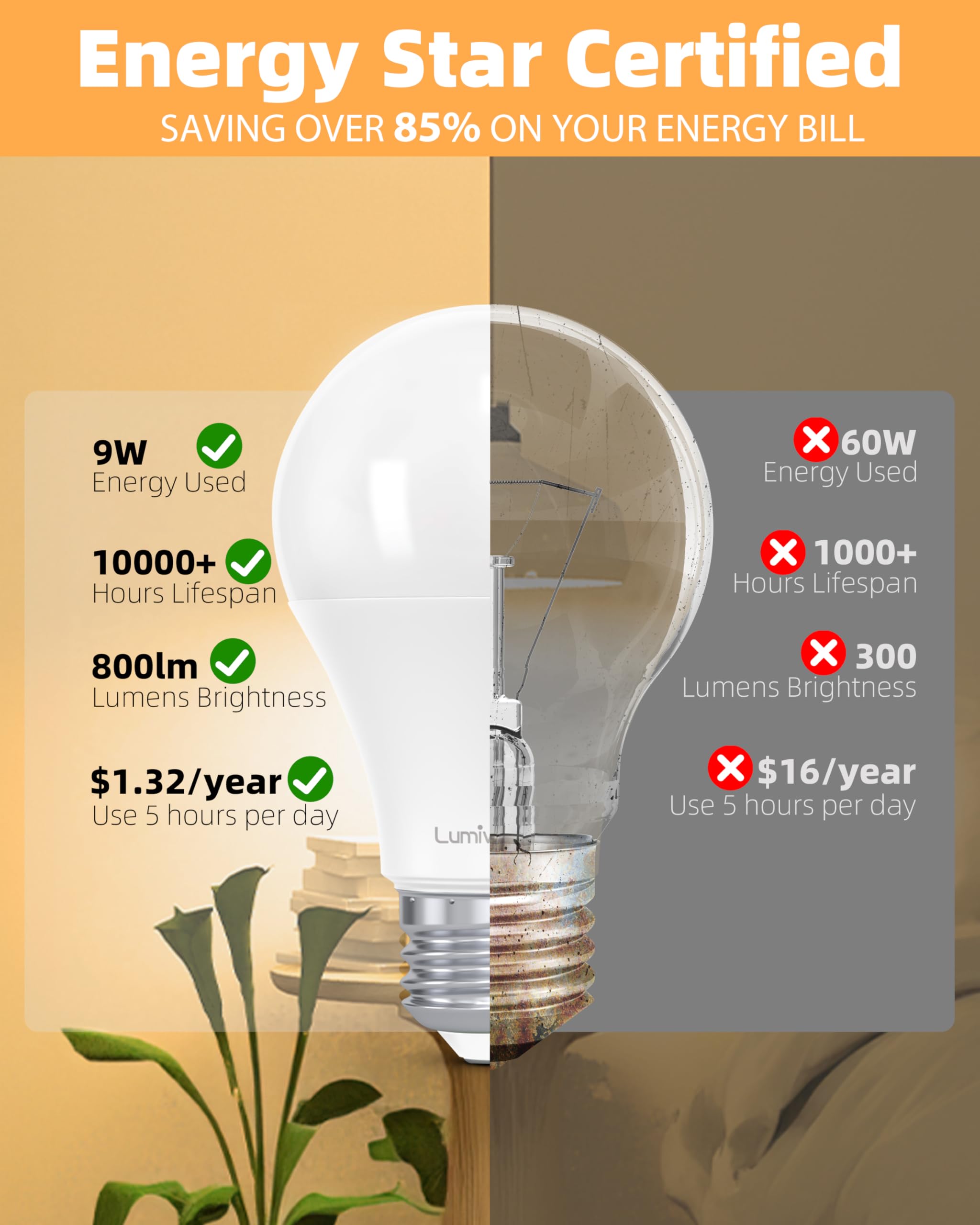 Lumiverse A19 Led Light Bulb, 9 Watt [60W Equivalent], 2700K Soft White, E26 Base Bulb, Non-dimmable, 800lm Light Bulbs, UL Listed, 24 Pack