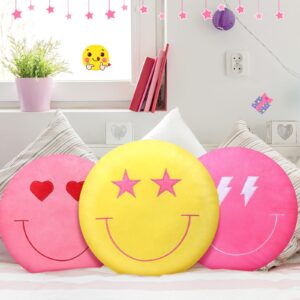 3 Pcs 16 Inch Face Emoticon Cushion Stuffed Plush Pillow, 3D Round Throw Pillows with Embroidery Pattern Cute Round Floor Cushion Decorative Plush Throw Pillows for Car, Bed, Couch, Sofa, Office Home