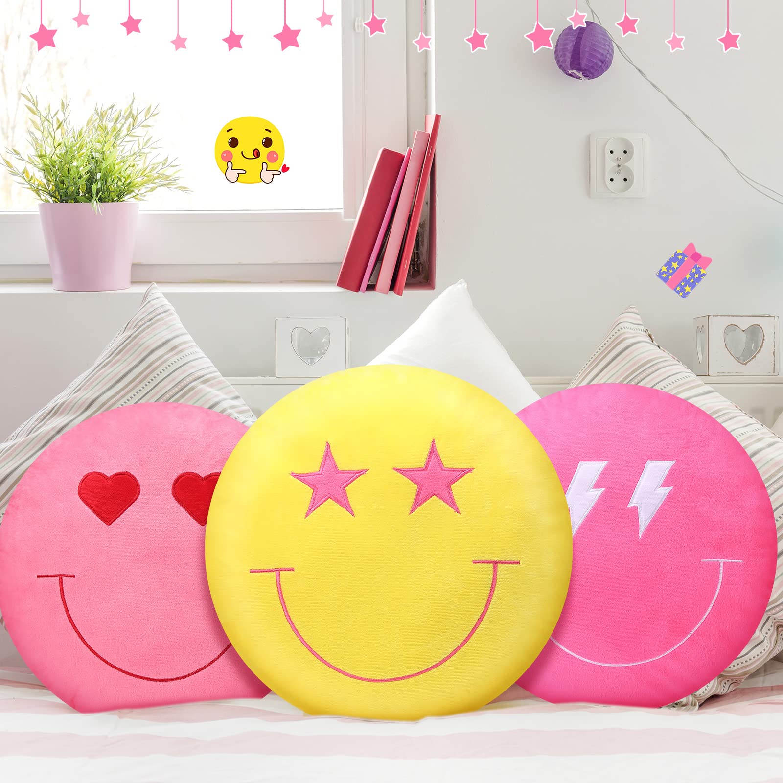 3 Pcs 16 Inch Face Emoticon Cushion Stuffed Plush Pillow, 3D Round Throw Pillows with Embroidery Pattern Cute Round Floor Cushion Decorative Plush Throw Pillows for Car, Bed, Couch, Sofa, Office Home