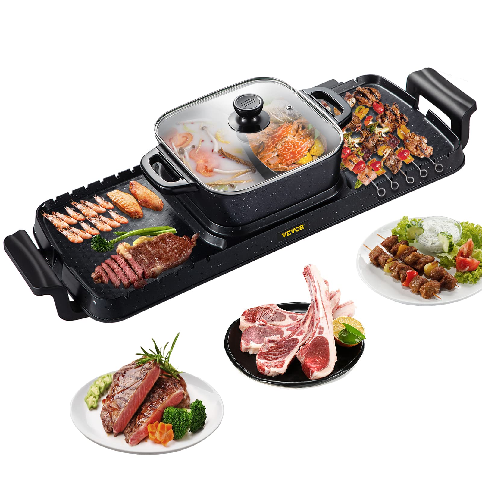 VEVOR Electric Grill and Hot Pot, 2400W Electric Smokeless Grill and Hot Pot, 2 in 1 Electric Hot Pot with Dual Temp Control, Multifunctional Teppanyaki Grill with Nonstick Coating for 1-8 People