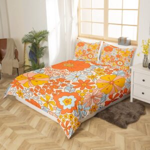 Retro 70s 60s Floral Hippie Duvet Cover Set King Size,Summer Groovy Flowers Comforter Cover with 2 Pillowcases,Boho Plant Modern Bedding Set for Adult Young Bedroom Xmas Gift