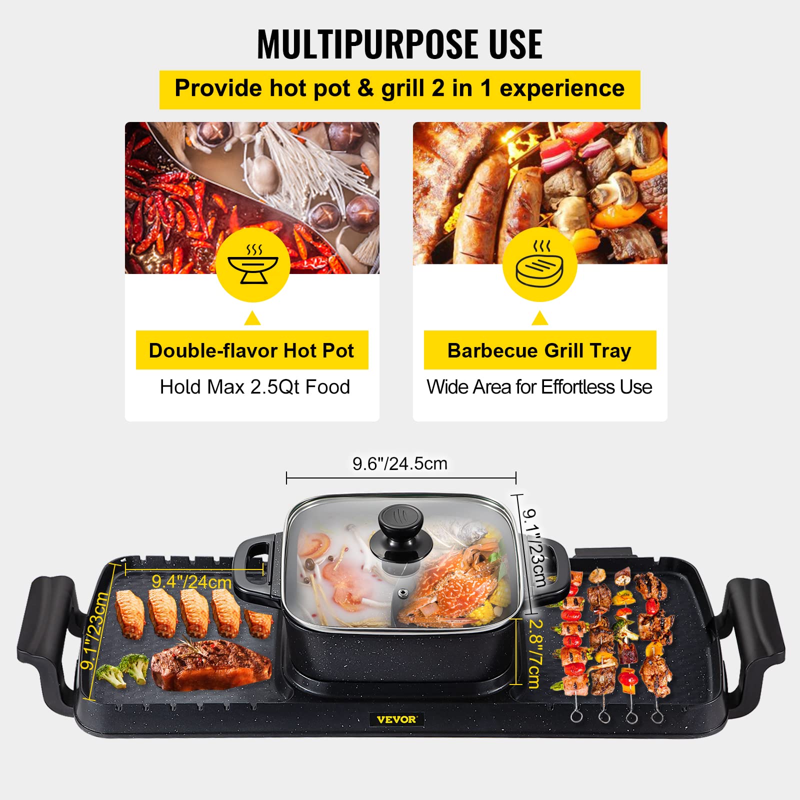 VEVOR Electric Grill and Hot Pot, 2400W Electric Smokeless Grill and Hot Pot, 2 in 1 Electric Hot Pot with Dual Temp Control, Multifunctional Teppanyaki Grill with Nonstick Coating for 1-8 People